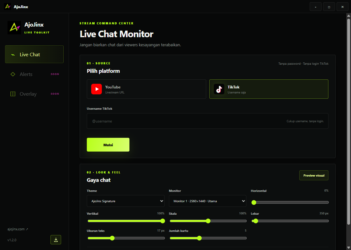 Dashboard AjoJinx untuk mengatur live chat overlay